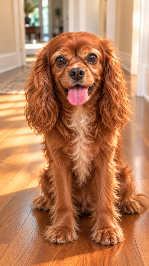 An AI-made portrait of Sparky, a young deep-red Cavalier with a white bib.